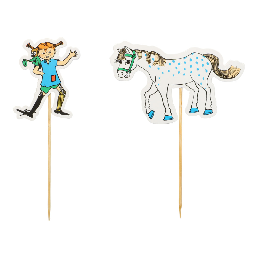 Tårtdekorationer med Pippi Långstrump och Llilla Gubben. 10 st cake picks för Pippikalas och barnkalas