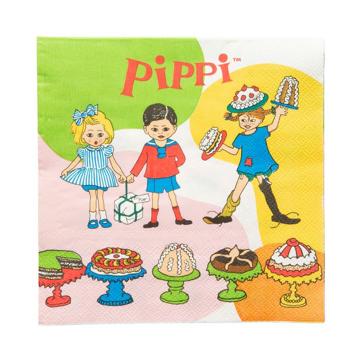 16-pack pappersservetter med Pippi Långstrump-motiv, för barnkalas.