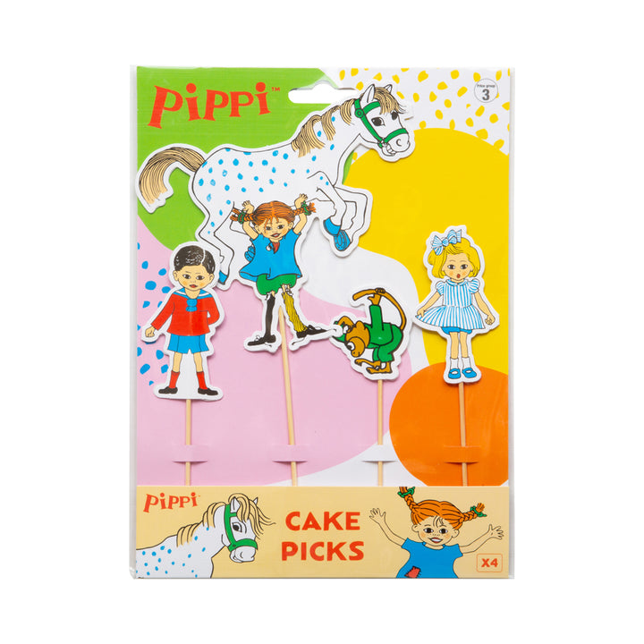 4-pack Cake picks med Pippi Långstrump-motiv i sin förpackning.