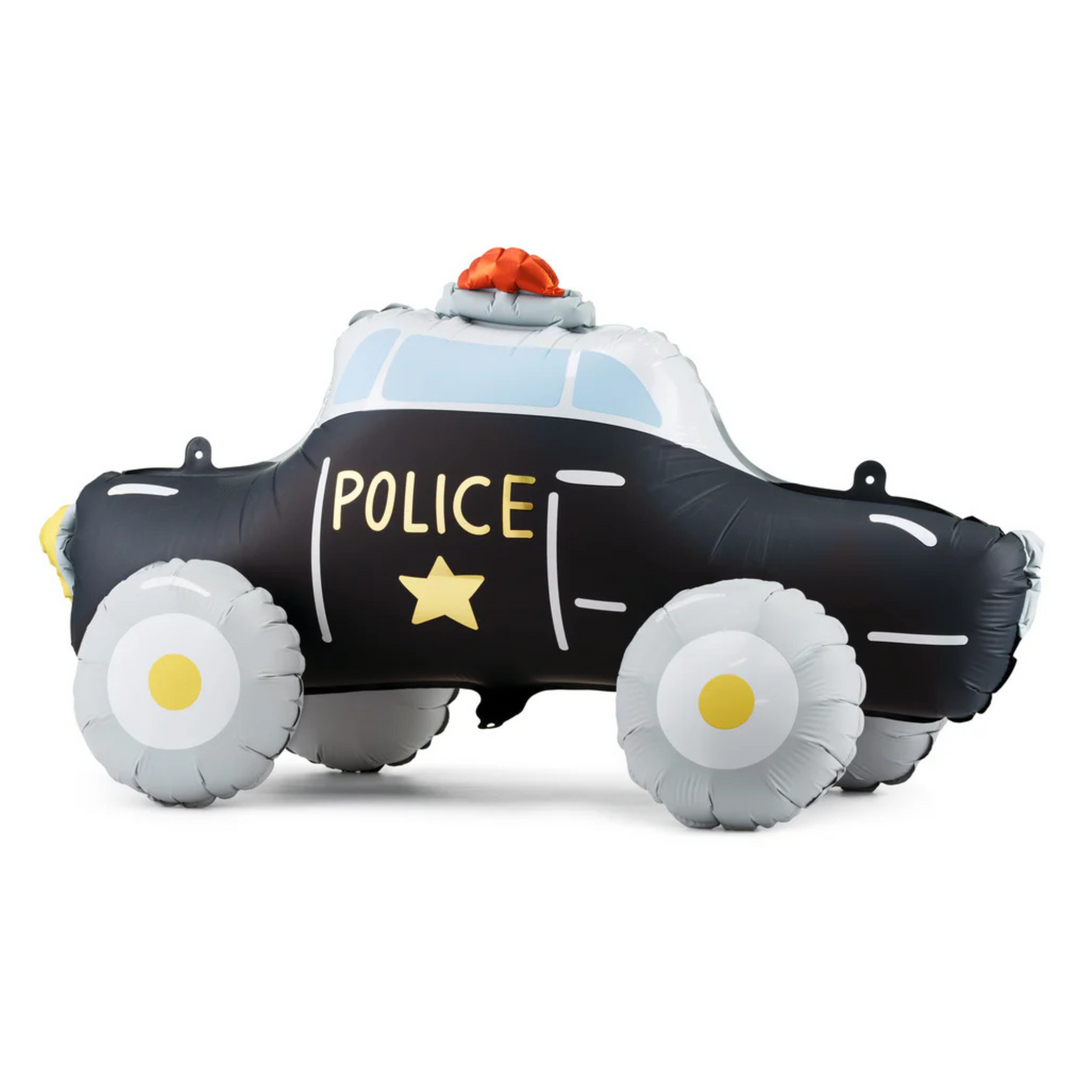Folieballong med form av en polisbil i svart och vitt med texten Police. Ståendeballong till barnkalas och fest