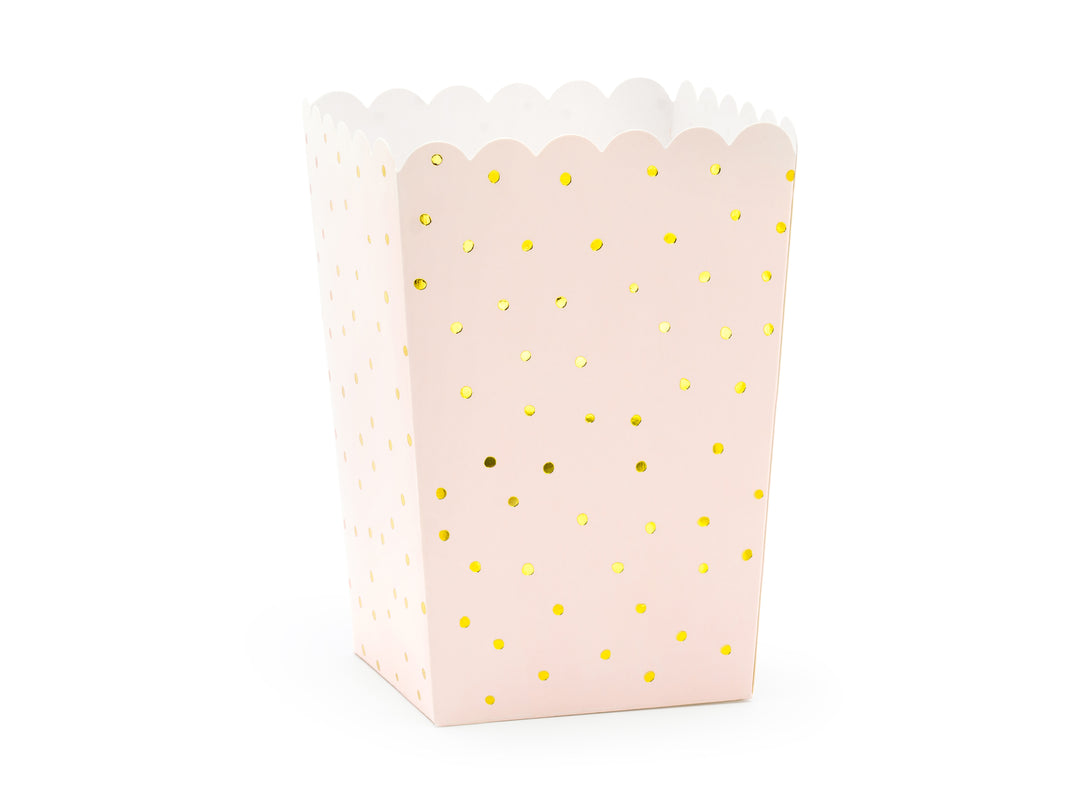 Popcornbox ljusrosa med guldprickar i papper 6-pack till snacks, kalas och fest