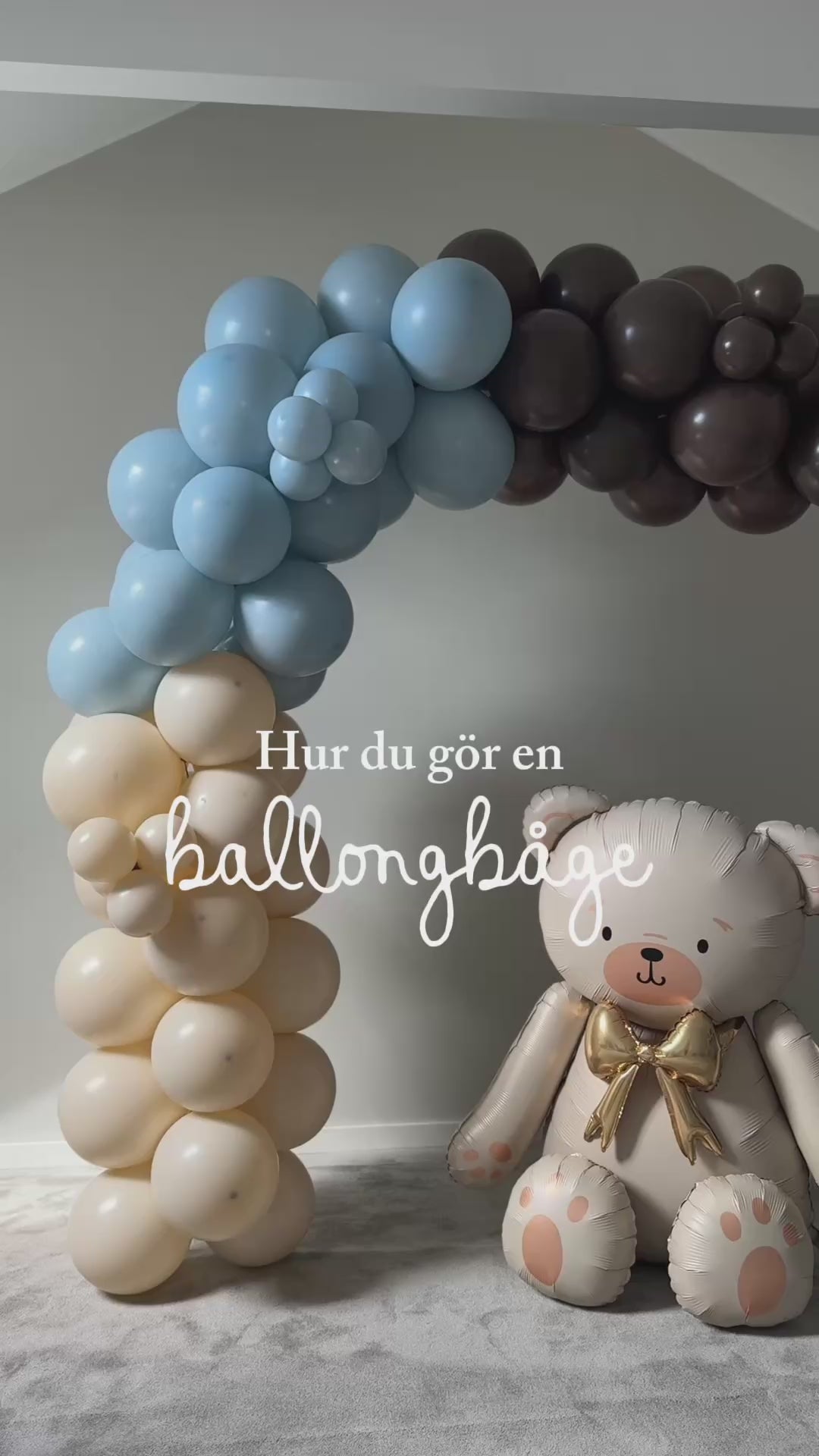 Instruktionsfilm till ballongbåge blå, beige och brun för barnkalas, dop och fest