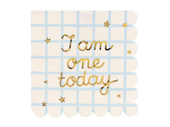 Papperservetter i beige och blått med texten I am one today i guld till barnkalas, 1-årskalas och fest.