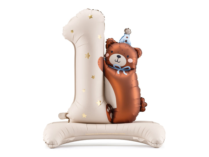 Sifferballong 1 i beige färg med brun teddybjörn, 81 cm. Passar till fest och 1-årskalas.