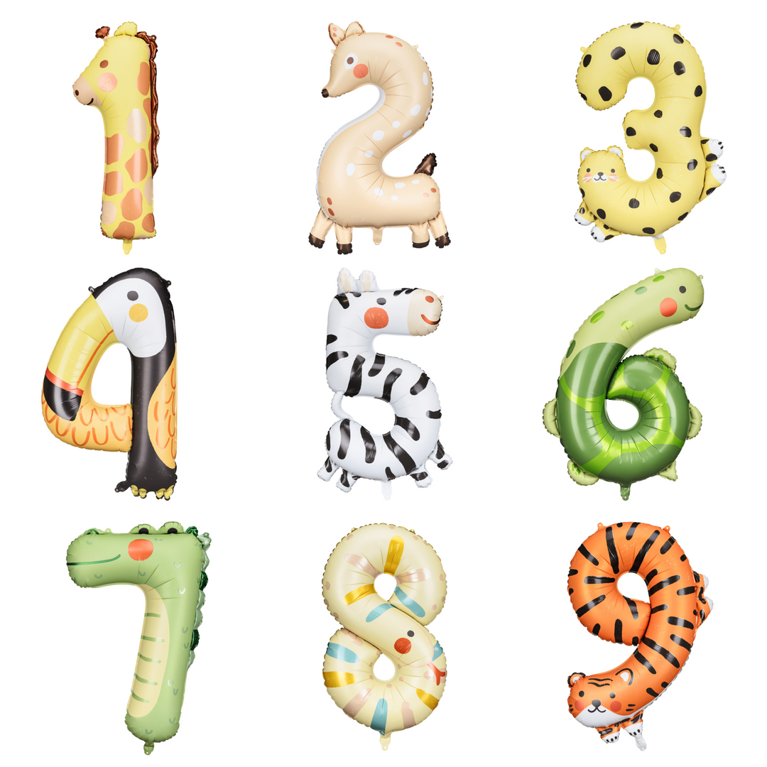 Sifferballonger 1-9 med djurmotiv. Passar till barnkalas.