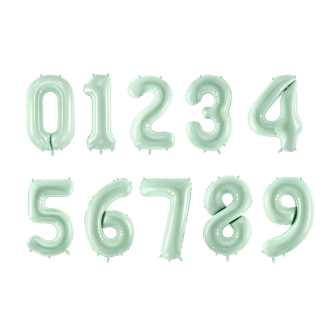 Sifferballonger 0-9 i ljusgrön pastellfärg, 72cm. Passar till kalas och fest.