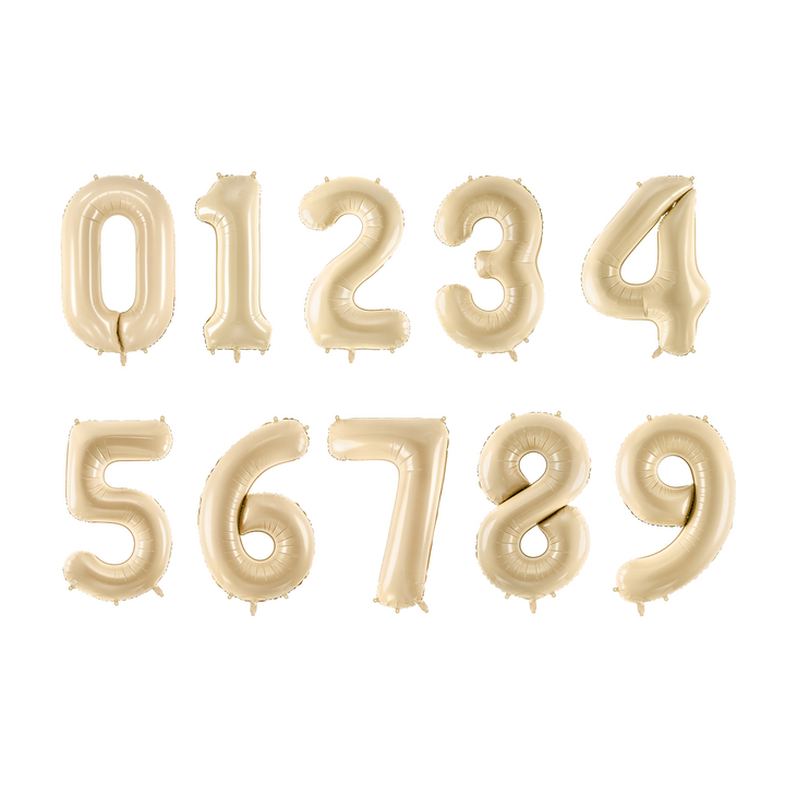 Sifferballonger 0-9 i beige färg, 72 cm. Passar till fest och kalas.