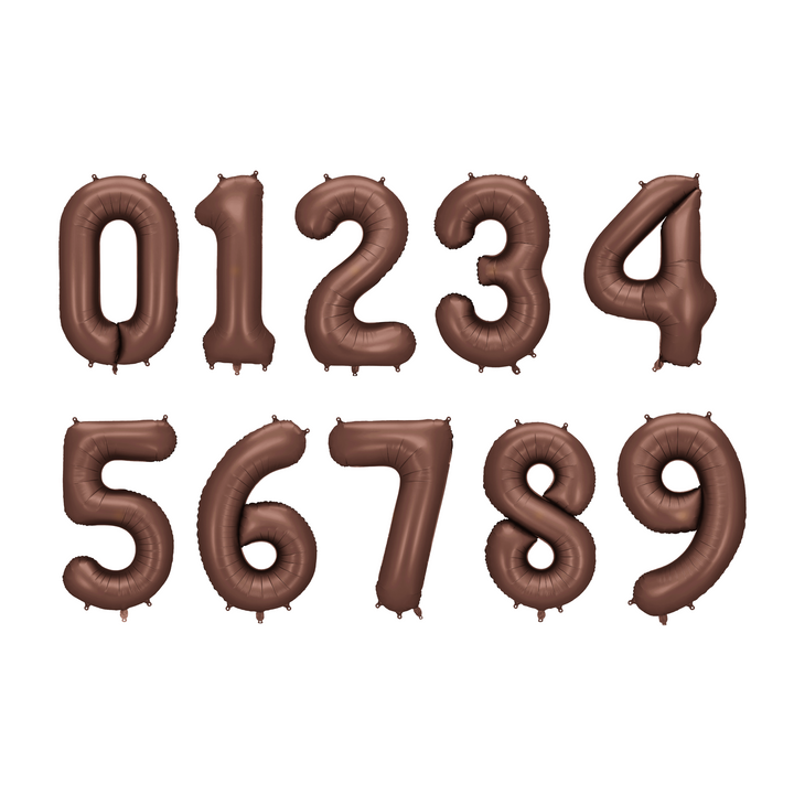 Sifferballonger 0-9 i brun färg, 86cm. Perfekt till fest och kalas.