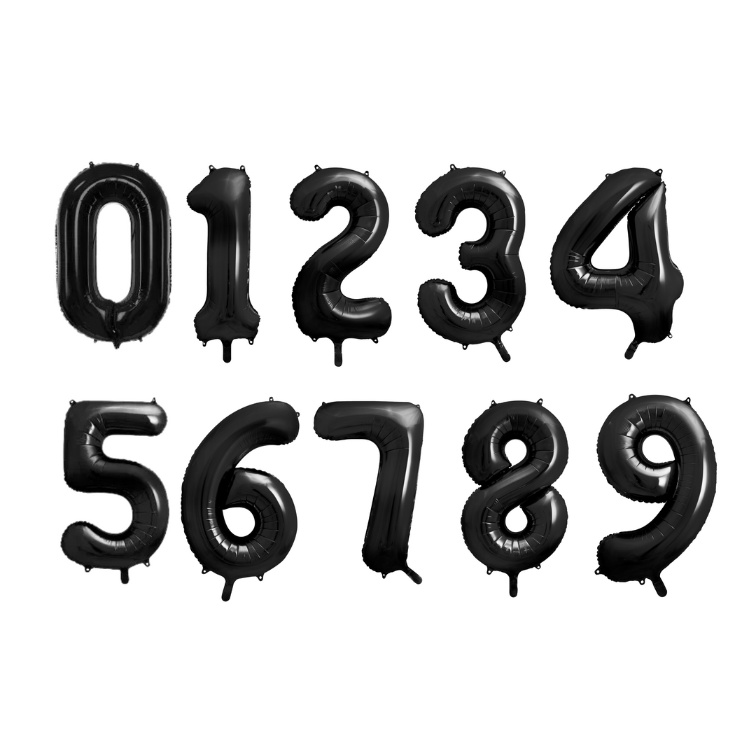 Sifferballonger 0-9 i svart färg, 86 cm. Passar till fest och kalas.