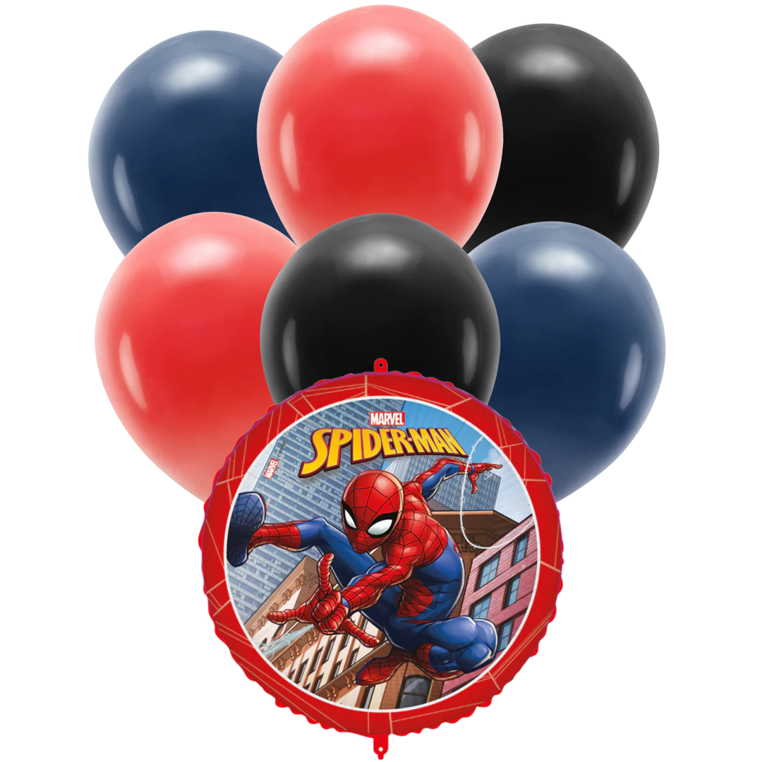 Spiderman ballongkombo med 30 latexballonger i färgerna svart, rött och mörkblått med matchande Spiderman-folieballong för barnkalas och dekoration