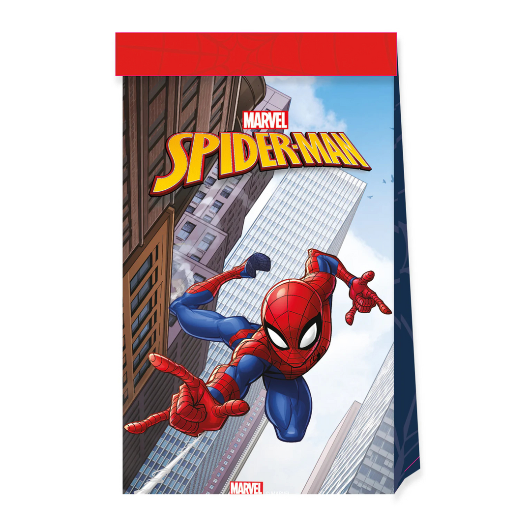 Spiderman kalaspåsar i papper 4-pack med spiderman-motiv för barnkalas och superhjältekalas.