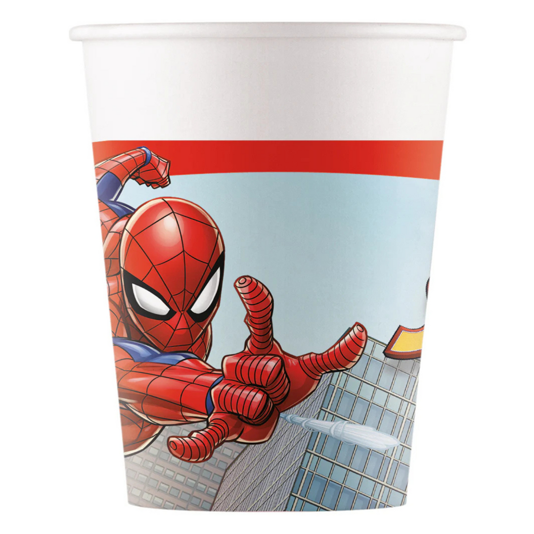 Spiderman pappmugg 8-pack med spiderman-motiv för barnkalas och superhjältekalas.
