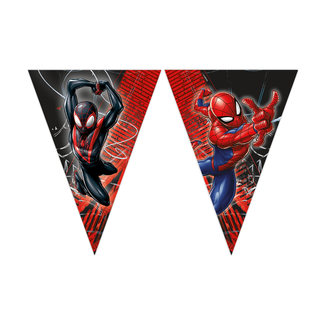 Spiderman Web flaggirlang med 9 flaggor och Spider-Man samt Miles Morales till barnkalas och Spiderman-kalas