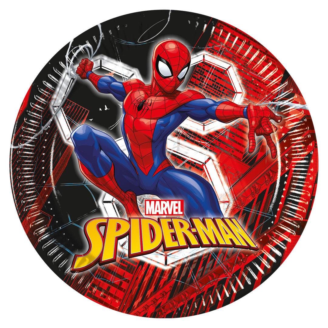 Spiderman Web papptallrikar 23 cm med Spider-Man och spindelnät från Marvel till barnkalas, Spiderman-kalas och superhjältekalas.