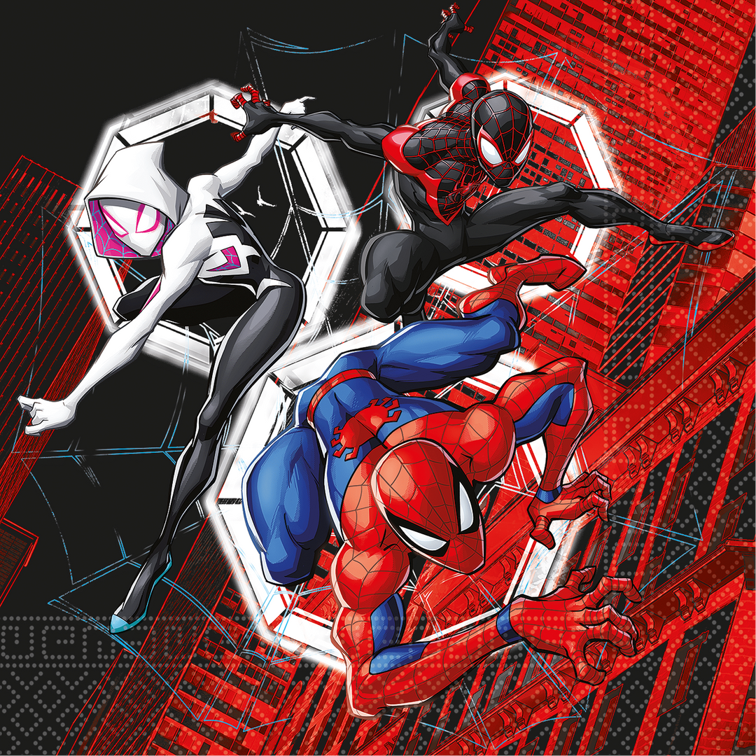 Spiderman Web servetter 33 x 33 cm med Spider-Man, Ghost-Spider och Miles Morales till barnkalas, Spiderman-kalas och superhjältekalas.