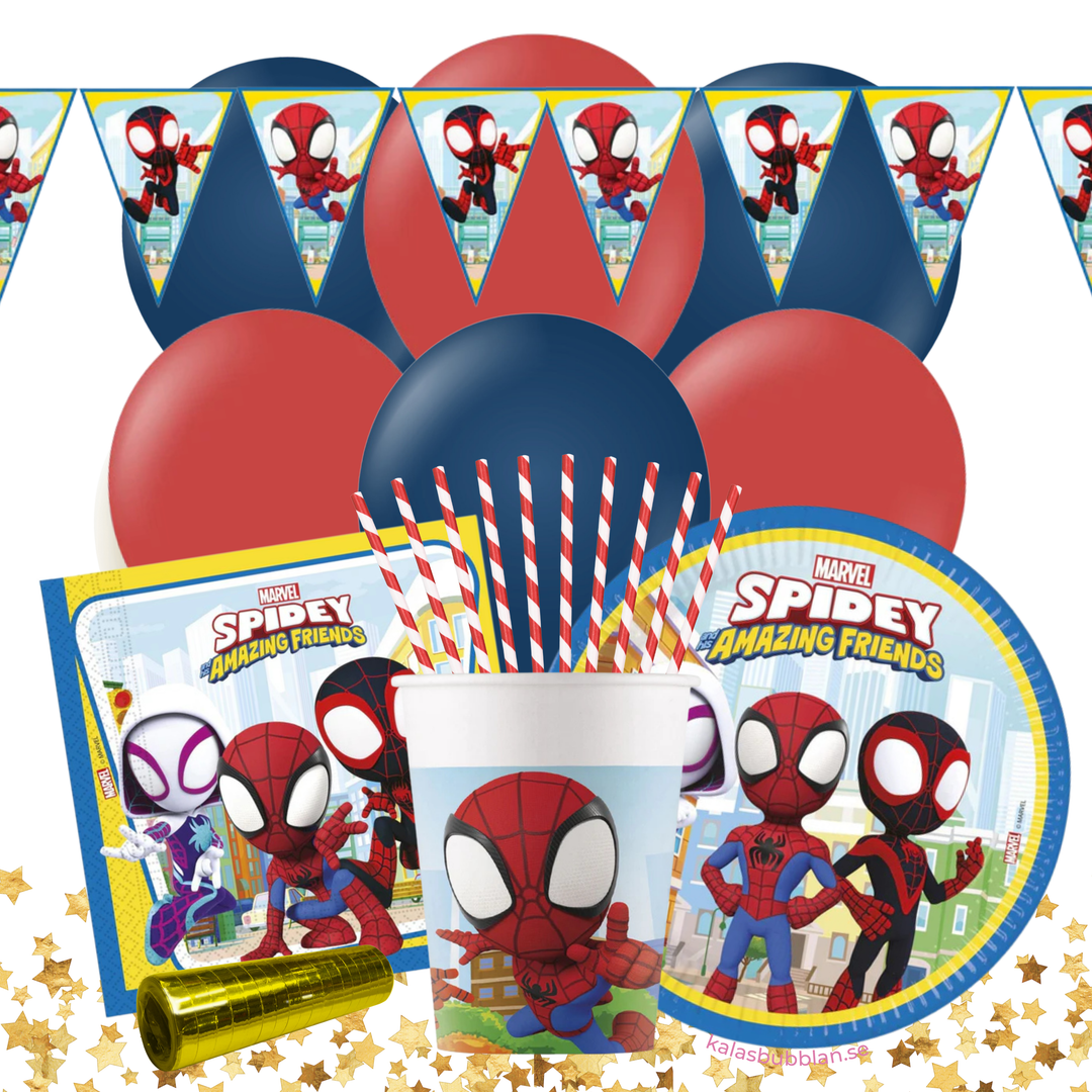 Spidey Kalaskit komplett med dukning och dekorationer till barnkalas och Spidey-kalas