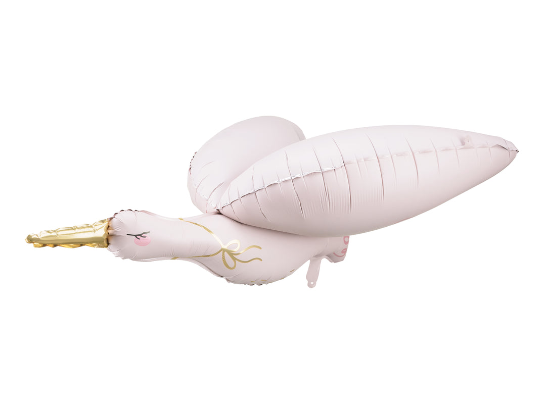 Rosa folieballong med formen av en stork, dekoration till dop, babyshower och barnkalas