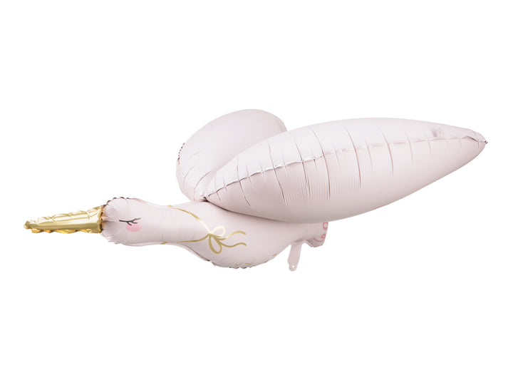 Rosa folieballong med formen av en stork, dekoration till dop, babyshower och barnkalas