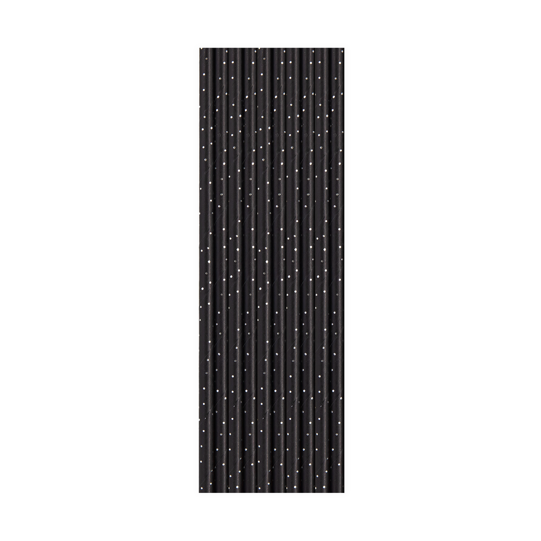 Svarta papperssugrör med silverprickar i 10-pack till Halloweenkalas, barnkalas och fest.