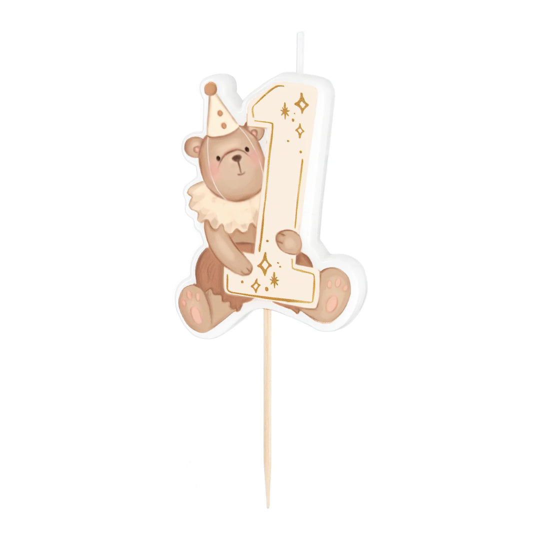 Tårtljus med nalle och siffran 1 i beige färg till barnkalas och 1-årskalas