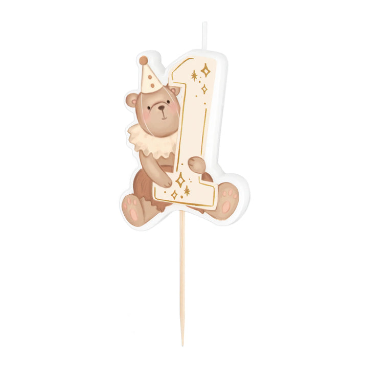 Tårtljus med nalle och siffran 1 i beige färg till barnkalas och 1-årskalas