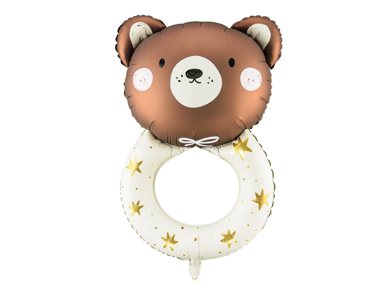 Teddybjörns folieballong med form av en skallra för babyshower, dop och barnkalas