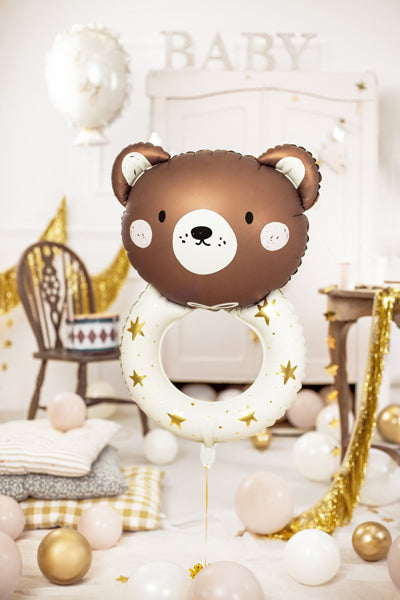 Teddybjörns folieballong med form av en skallra , inspirations till barnrum för babyshower, dop och barnkalas 